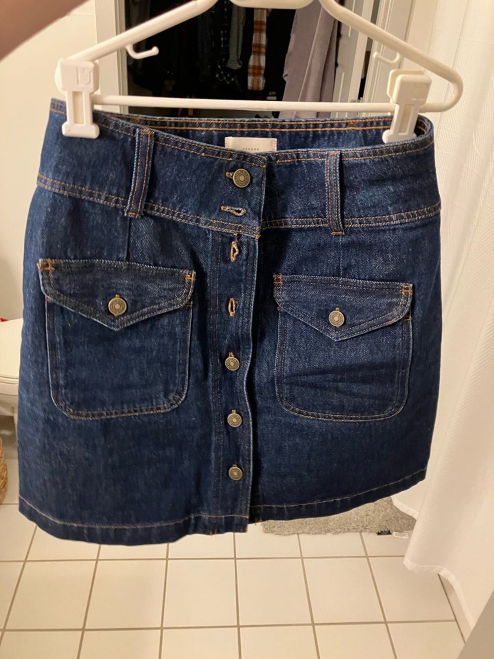 Sezane Indigo Button-Front Denim Mini Skirt